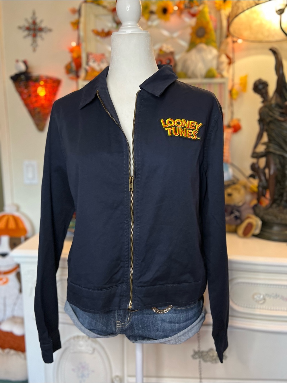 Vintage Warner Bros. Looney Tunes Navy Zip-Up Bomber Jacket